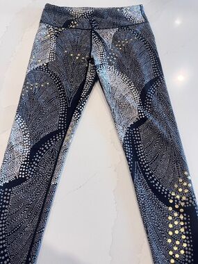 Fabletics Black Leggings with White Dot Swirl and Gold Accents